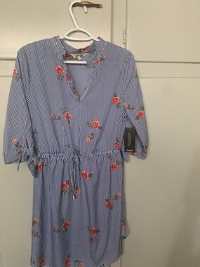 Blush Blue & White Striped Floral Tie-Waist Mini Dress